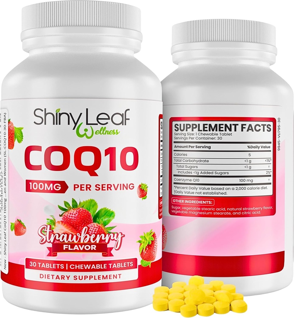 Shiny Leaf CoQ10 100mg - Chewable CoQ10 Supliment - Cozyme Q10 pentru Heart Health & Energy - Natural Co Q 10 Supliment - Pentru Cardiovascular Wellness - 100 mg Tablete masticabile, 30 comprimate, Made in USA