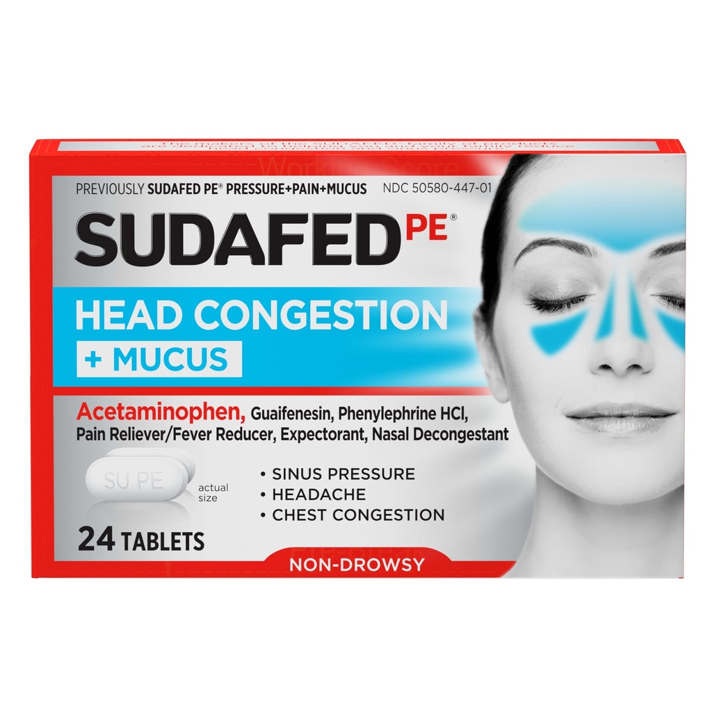 Congestia de cap de PE udaţi + Tablete de relief Mucus pentru presiune sinusală, congestie, durere de cap, decongestionare non- Drowsy cu Acetaminofen, Guaifensin & Fenilephrine HCI, 24 ct