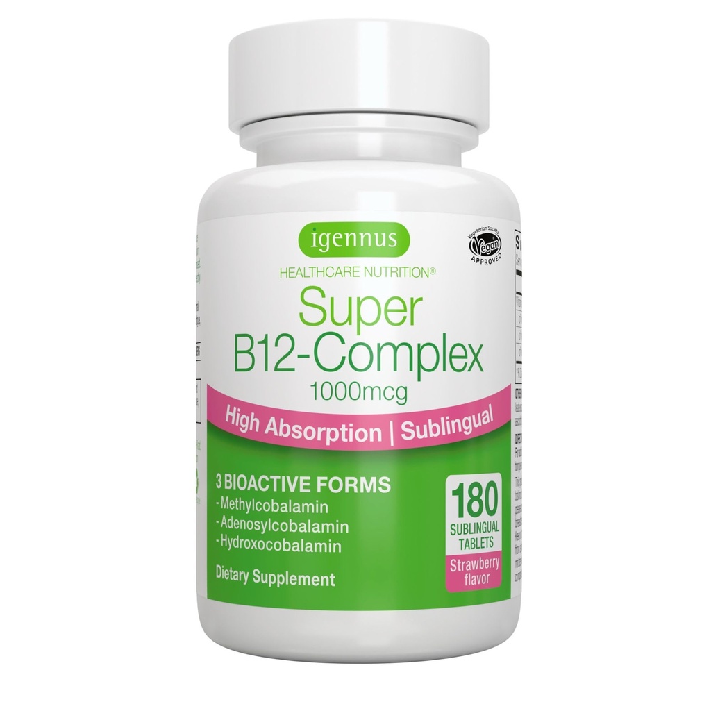 Complexul 1000mcg de vitamina B12 sublingual Igennus, metilcobalamină metilată, adenosilcobalamină şi hidroxocobalamină, absorbţie ridicată şi curăţare, 180 Serviri, Zahar-Free & Vegan