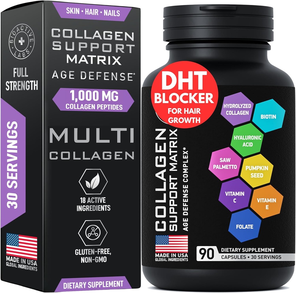 Age Defense Beauty Colagen Matrix - 2000 mg Multi Colagen Biotin Acid keratin Acid hialuronic Saw Palmetto Vitamina C Supliment Complex - DHT Blocker pentru bărbați și femei pentru creșterea părului - 90 Gluten-Free Caps