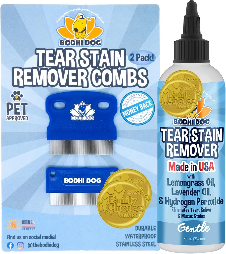 Bodhi Dog Tear Stain Remover & Tear Stain Remover Combs - Îndepărtează Gently Îndepărtează Stain, Murdărie de la ochi de animale de companie - Sigur și blând pe câini și pisici - Curăță blană delicată - Ideal pentru Grooming & Tear Stain Prevention