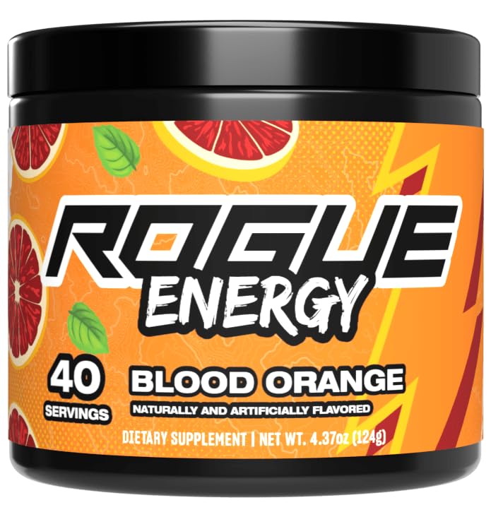 Rogue Energy Energetic Drink Powder for Long Gaming Hours - Energetic Powder for Mental Focus - Sugar & Gluten Free - Gaming Supplement with Caffeine & Vitamins - Made in USA (Blood Orange - 40 Servings)
