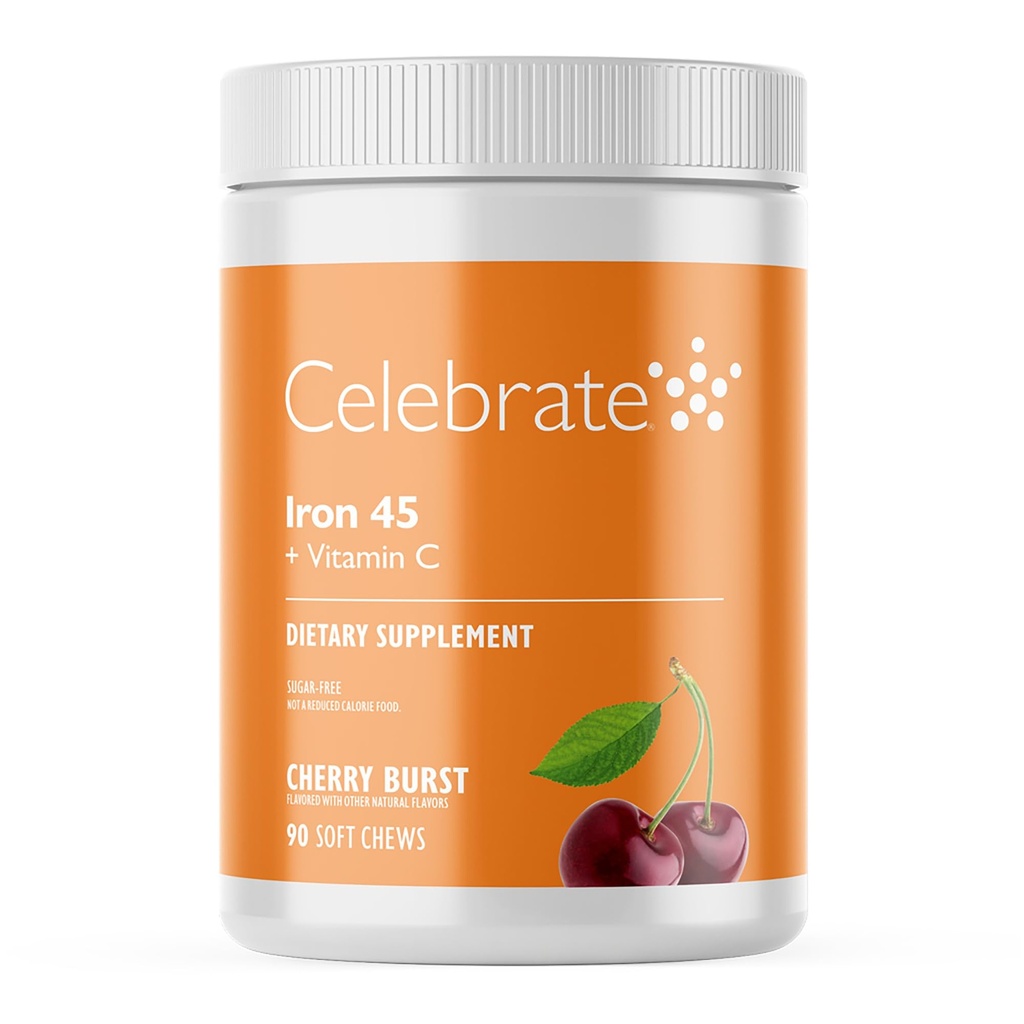 Celebrați vitamine Suplimentul de fier cu vitamina C - 45mg Fier, 60mg Vitamina C, Vitamine Bariatrice pentru pacienții WLS, Vertical Sleeve & Gastric Bypass Chirurgie - Cherry, 90 Chews moale