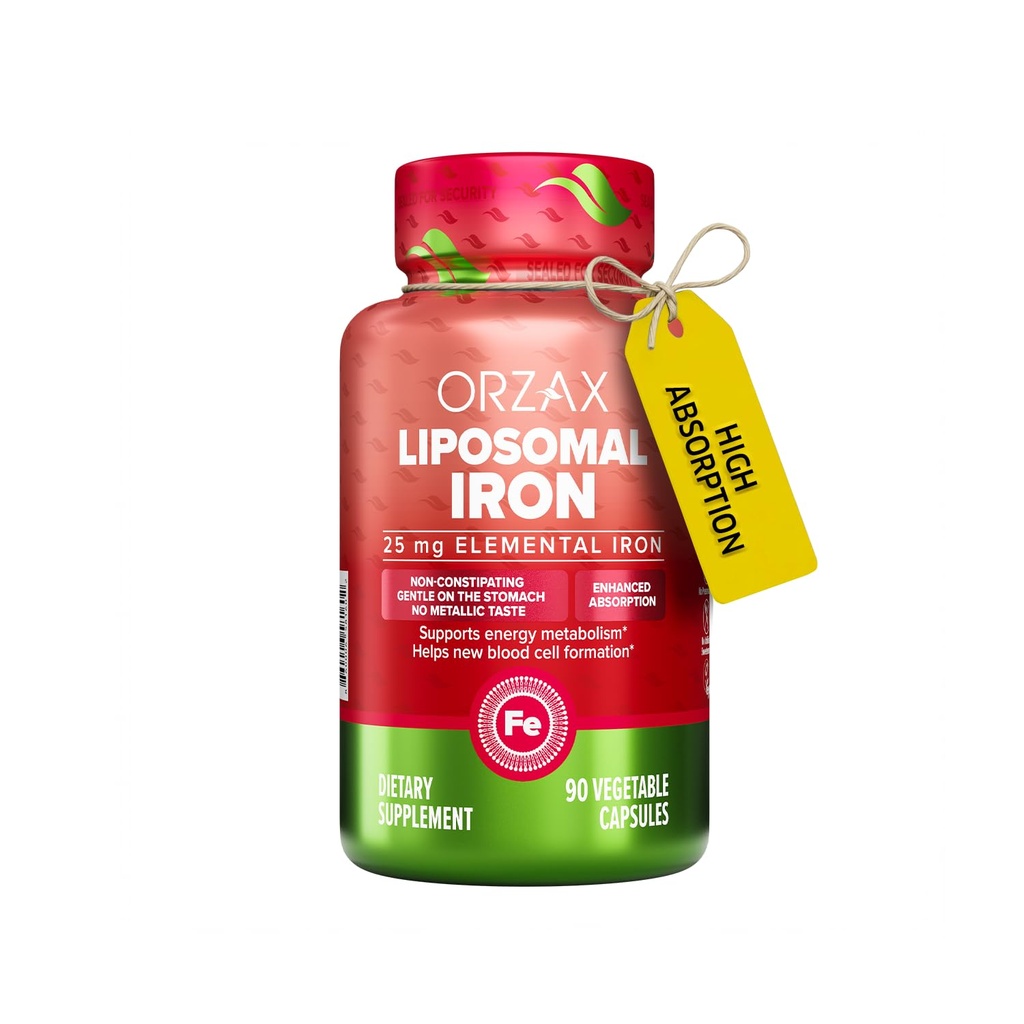 Suplimentul de fier OrzAX 25 mg - Tehnologie liposomală - Biodisponibilitatea ridicată 90 Capsule vegetale, ajută la producerea de celule sanguine noi, non-consceptive, fără GMO & Gluten, pentru femei, bărbaţi, adulţi