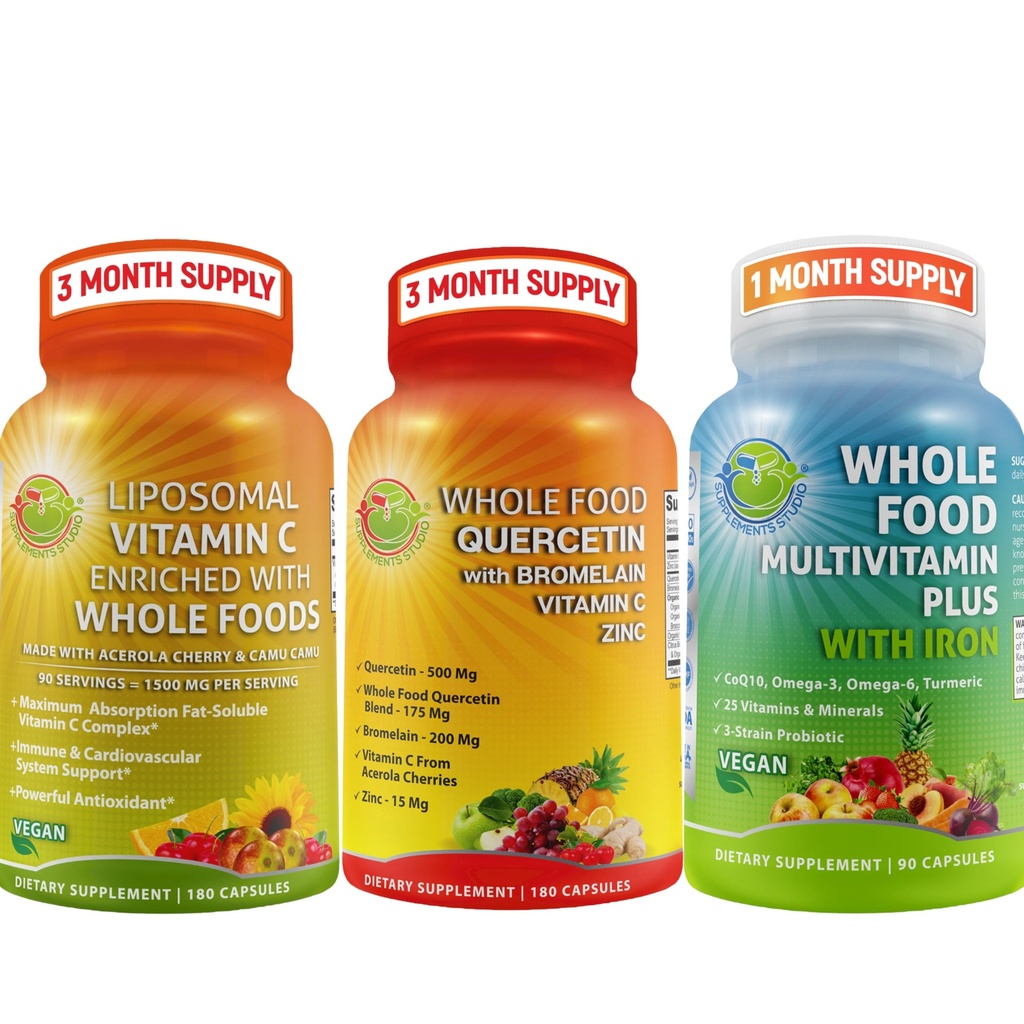 Vitamine zilnice complete - Querbetin cu supliment de bromelain Bundle Up cu multivitamine Plus pentru bărbați și femei cu fier și vitamina lipozomal C lichid Gel - pentru suport imun, respirator, digestiv