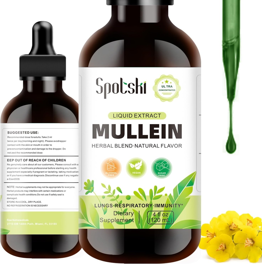 Picături Mullein pentru plămâni - Detoxifiere pulmonara pentru sistemul respirator, ajutor natural de somn și suport imunitar, picături de tinctură non-GMO, aprovizionare vegetarian 1 lună