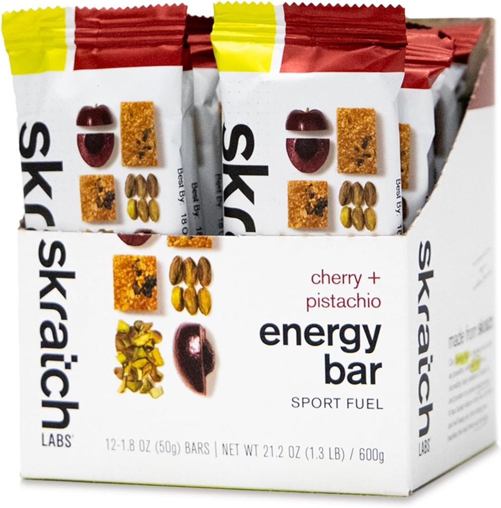 Skratch Labs Energy Bar | Cherry + Pistachio (12 Pack) | Plant Based Healthy Snack | Low Sugar - 5g Protein | Non-GMO, Gluten Free, Soy Free, Vegan, Kosher