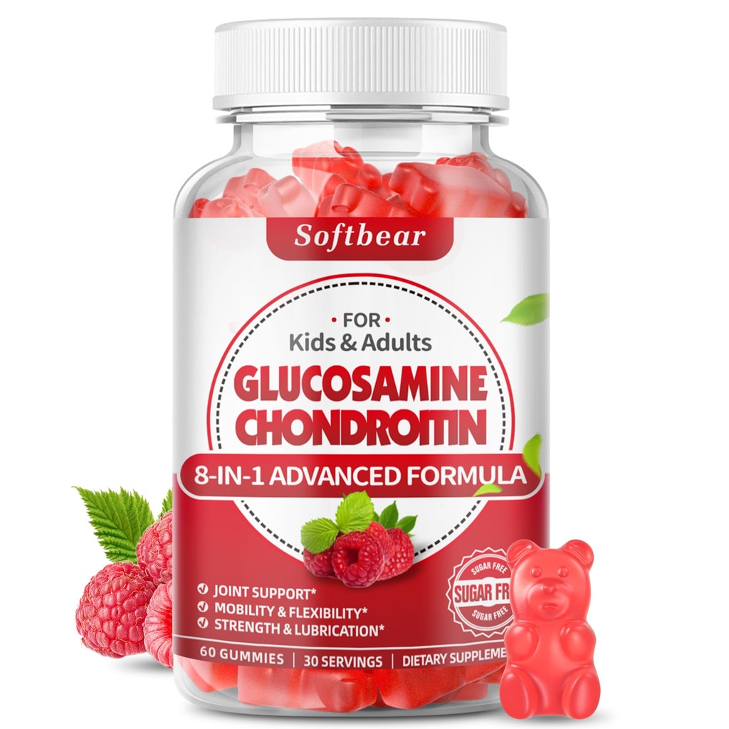 urs moale Glucosamină Chondroitin Gumies, Glucosamină Chondroitin MSM fără zahăr Supliment cu Elderberry Turmeric Supports Joint Health & Antioxidant, Raspberry Flavored 60 Count