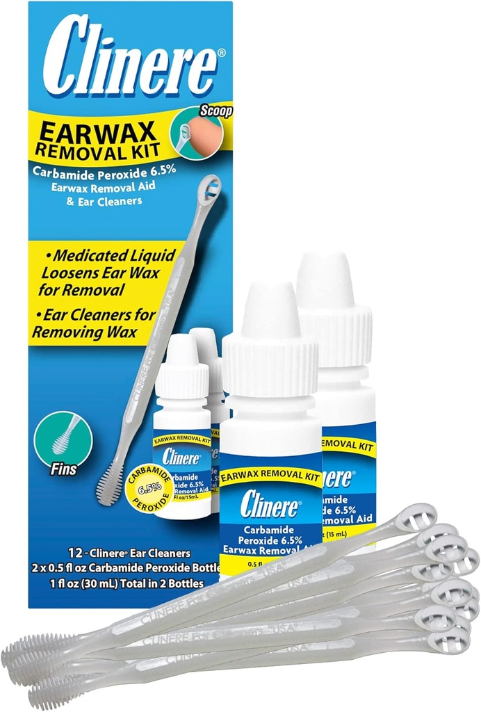 Clinere Earwax Kit de îndepărtare, în condiții de siguranță și ușor curat ureche ceară, Mâncărime relief, funcționează instantaneu .5oz Carbamidă Peroxid, 2 x .5 Fl Oz cu 12 Sticks