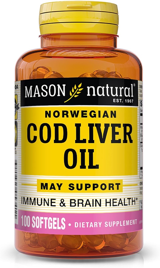 MASON NATURAL Cod Ulei de ficat Plus Vitamina A & D3 - Heart si functia cerebrala sanatoasa, Imunitatea imbunatatita, Sprijina sanatatea generala, 100 Softgels