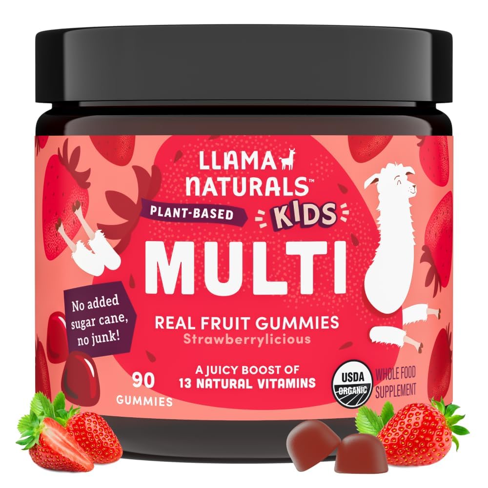 Llama Naturals Kids Multivitamine Gummies, Vegan, Organic cu vitamina D, C & K, Toddler Real Fruit Gummy Vitamine, Suplimentul masticabil, Întreaga alimente Multivitamine, Nu Adăugat trestie de zahăr, Căpșuni, 90 Ct