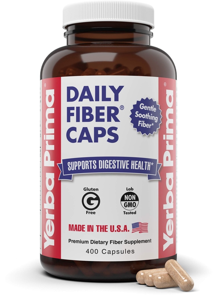 Yerba Prima Daily Fiber Caps Formula, 400 capsule - atât solubile și solubile - cu Psyllium Seed Husks, Acacia Gum, Apple Fiber și More - Supliment alimentar