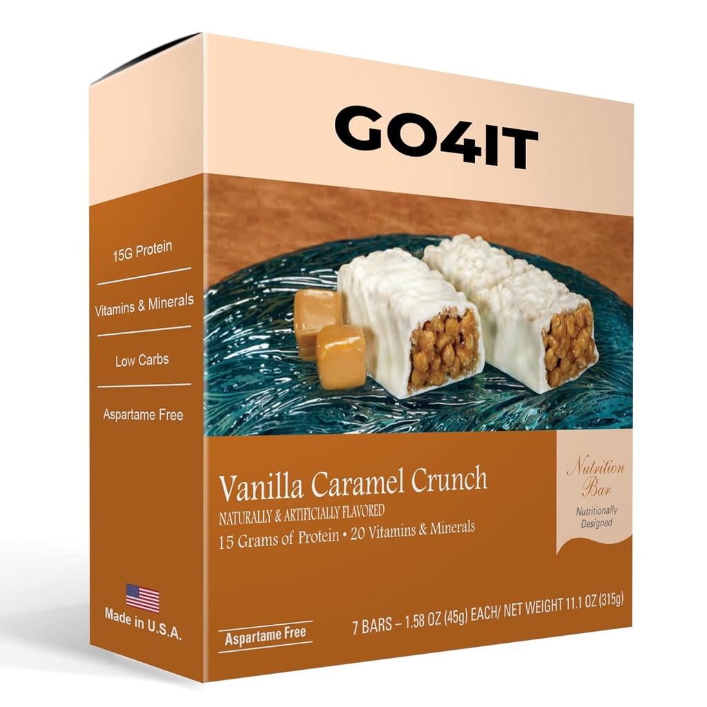 GO4IT Health Meal Replacement Bar, High Protein Nutrition Bar, High Fiber, LOW Calories, KETO friendly, On-the-go, Greutate Loss Food Bar, 7/Box - (Vanilla Caramel Crunch)