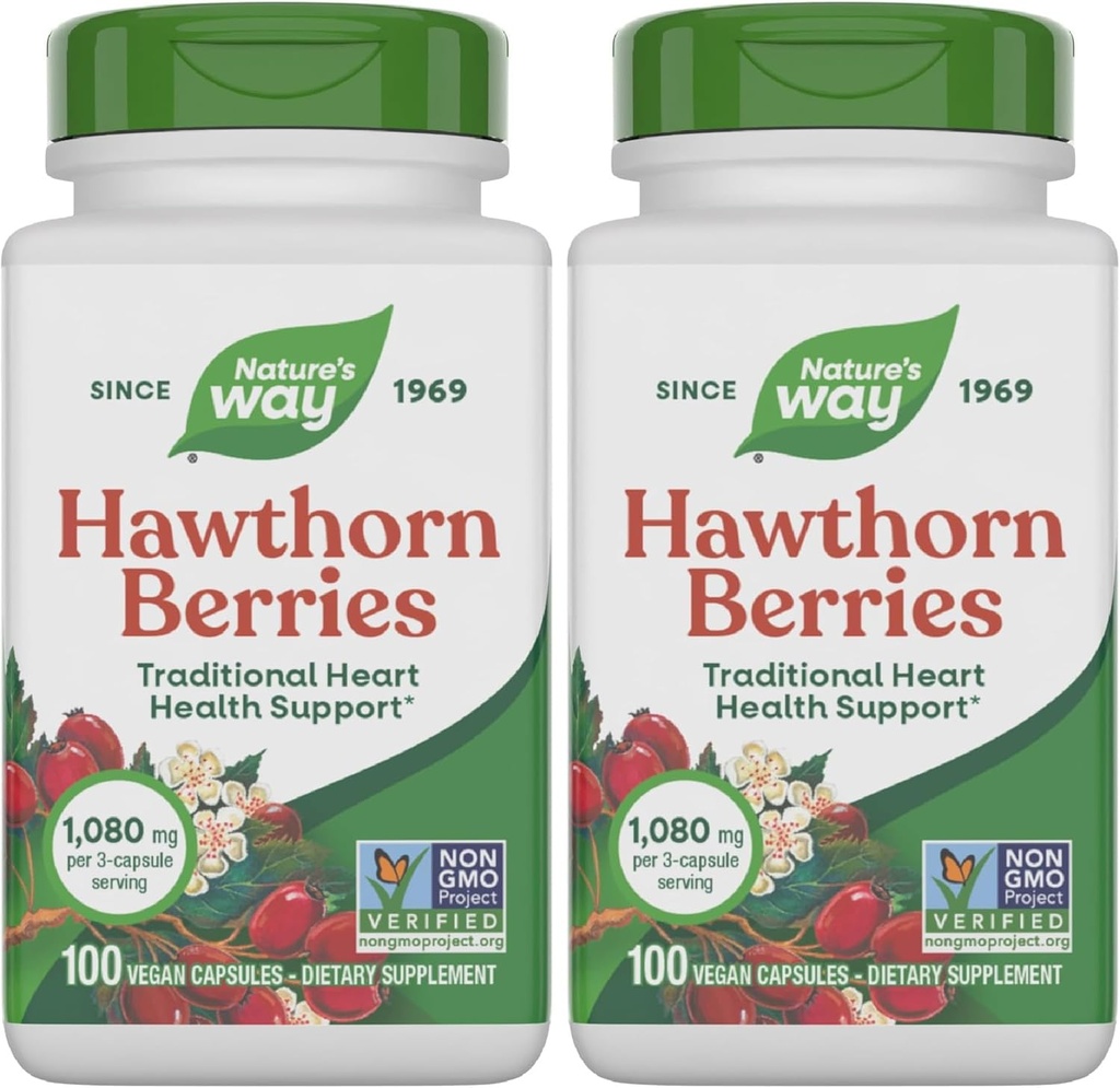 Natura's Way Herbal Hawthorn Berries, Tradiţional Heart Health Support*, 100 Vegan Capsules (Packaging May Vary) (Pachet de 2)