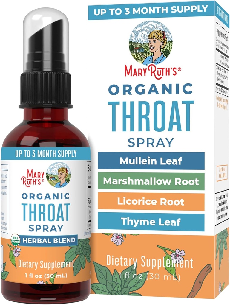 MaryRuth Organics USDA Organic Throat Spray with Mullein Leaf | Marshmallow Root & Licorice Root & Thyme Leaf | 4 Herbal Blend | Non-GMO | Vegan | Gluten Free | 1 Fl Oz | Up to 100 Servings