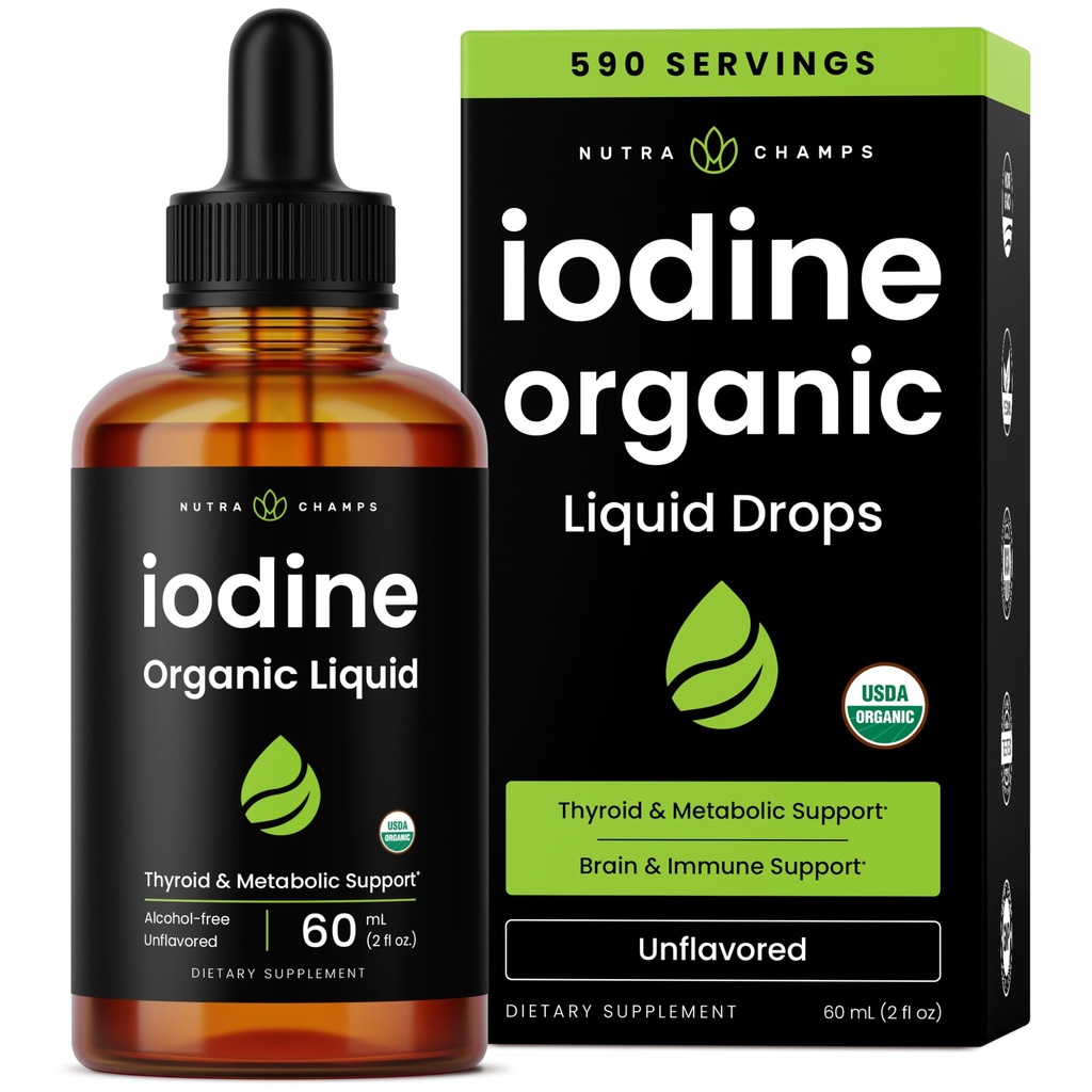 Picături lichide de iod organic - 250 mcg Iod suplimentar pentru femei și bărbați - Soluție de iod de potasiu 250 mcg - 590 Serviri - Suport tiroidian, hormonal și metabolic - NPN non-GMO, Vegan 8019762