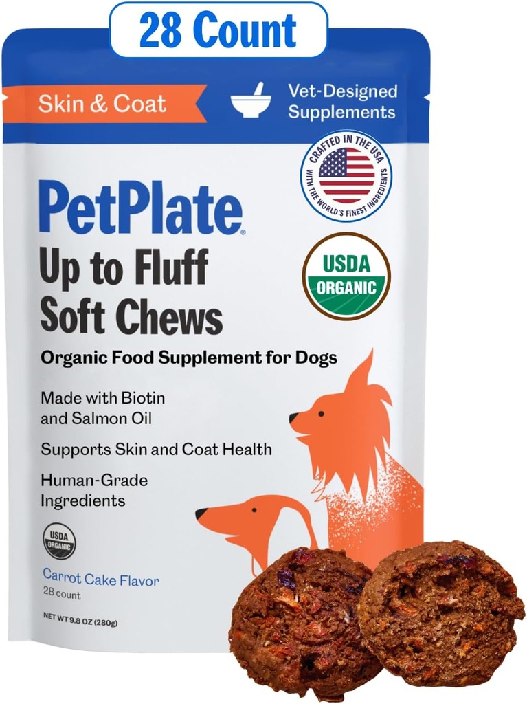 PetPlate Up to Fluff Soft Chews for Dogs, Skin & Coat Supplement organic USDA, Grain-Free, Human-Grade, Includes Salmon Oil and Biotin, Pet Suppliments (Pachet de 1, 9,8 Ounce)