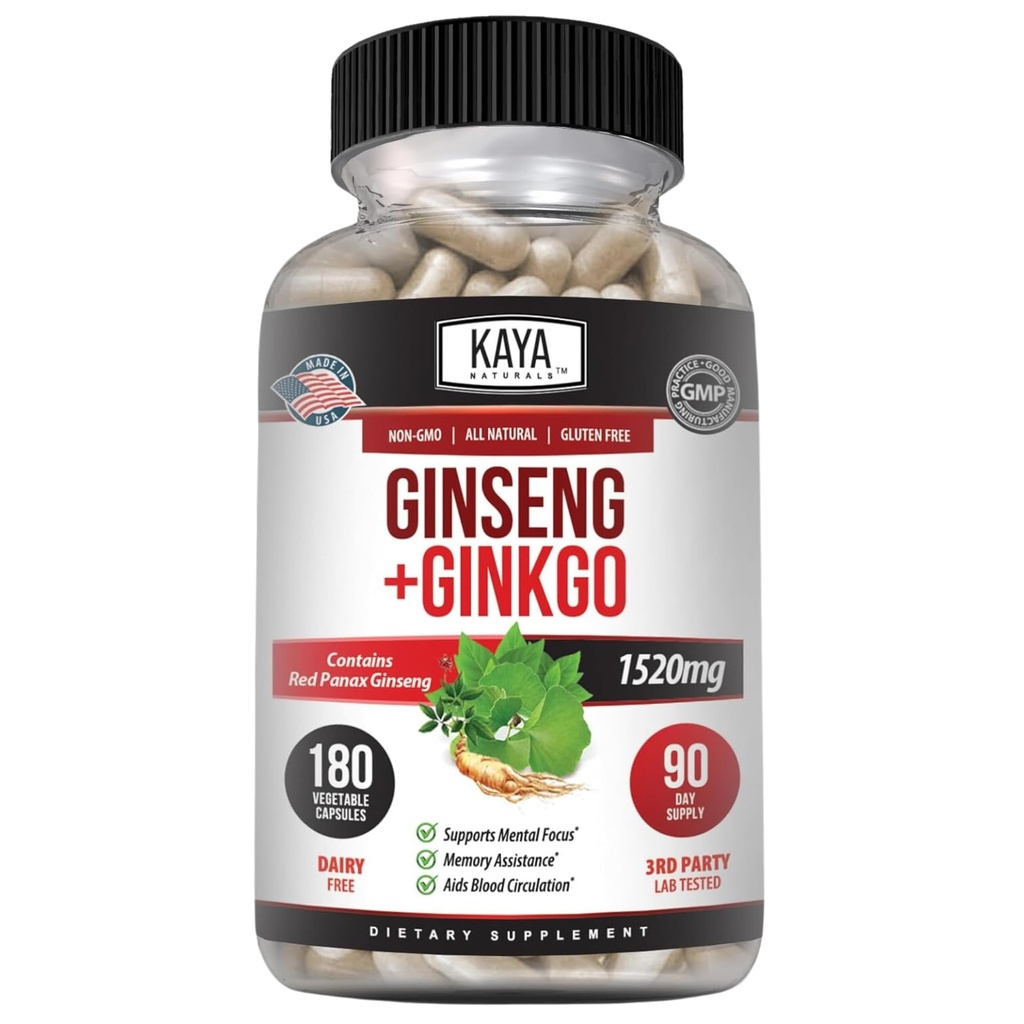Kaya Naturals Red Panax Ginseng + Ginkgo Biloba - Nootropic Brain Supplement - Cognitive and Concentration Supplement - Brain Booster, Focus, and Memory Supplement - 180 Capsule