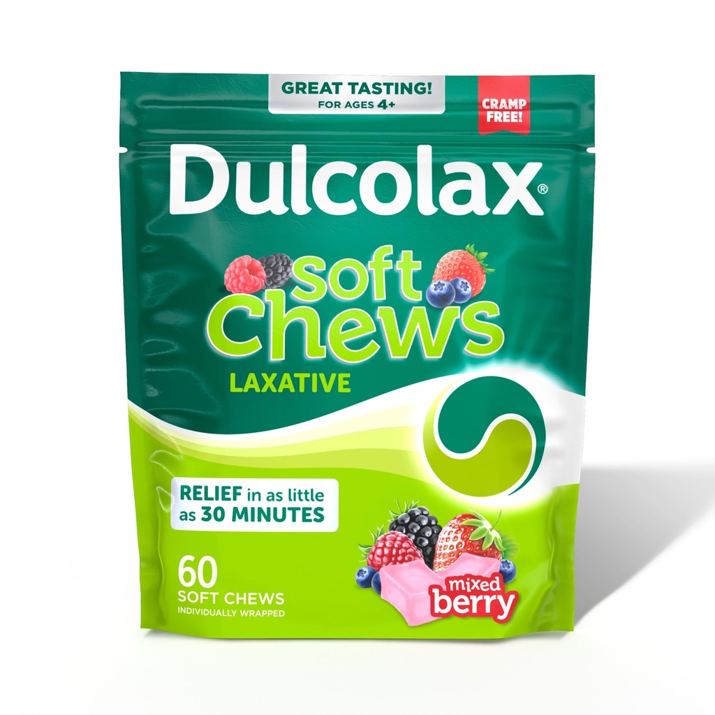 Dulcolax Saline Laxative Soft Chews, Gentle Constipation Relief, Mixed Berry Flavor, Magneziu Hydroxide 1200 mg, 60 Count