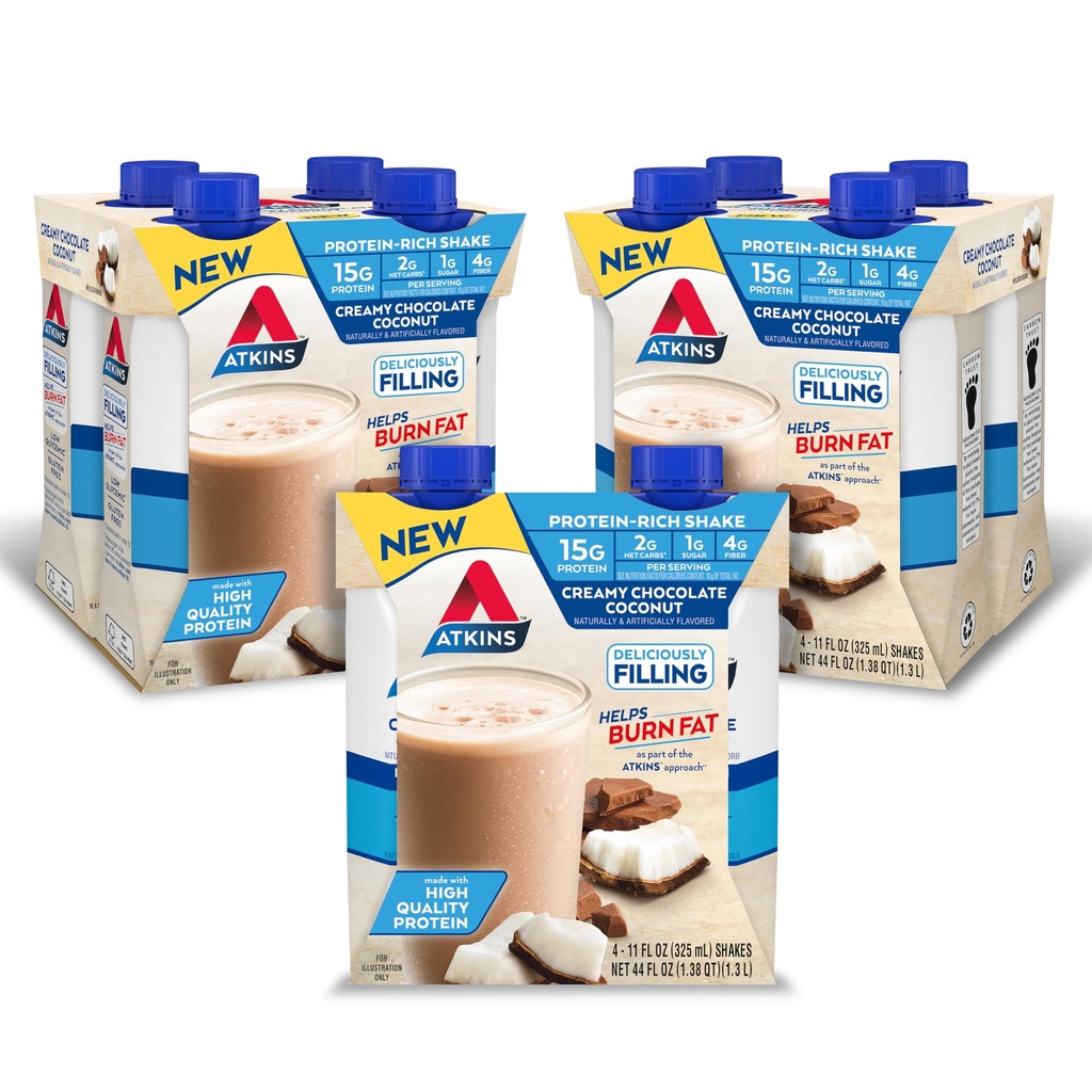 Atkins Cremy Chocolate Coconut Proteine Shake, 15g Proteina, 2g Net carbohidrati, 1g zahăr, Keto Friendly, 12 Conte