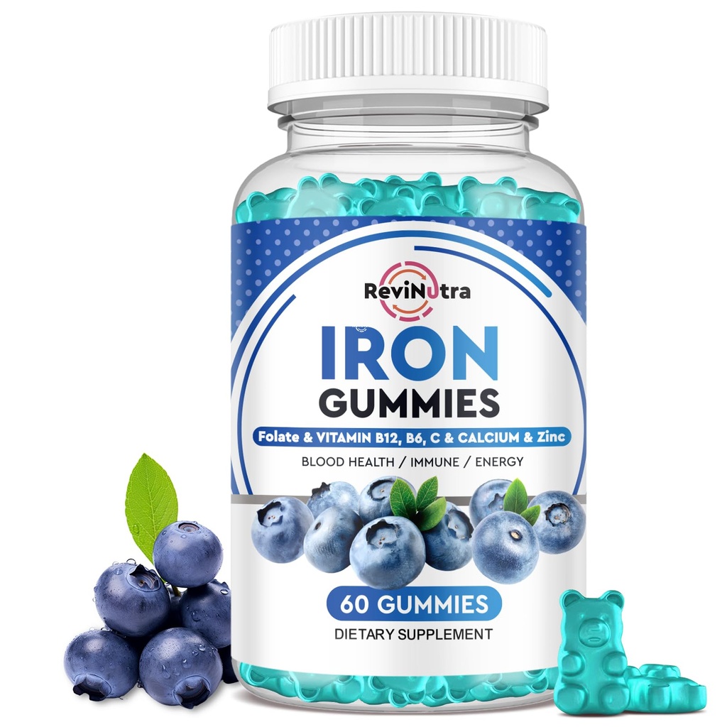 Gume de fier - cu calciu, zinc, Folate & Vitamina B12, C,B6 pentru adulți și copii - Blood Builder & Energy Support pentru deficit de fier, anemie, Vegan - aroma de afine, 60 Gume