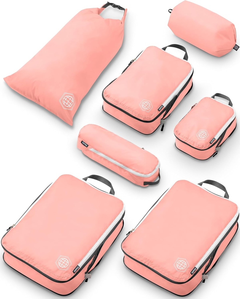Cuburi mari de ambalare de compresie pentru Cuburi de călătorie-Packing Organizatori de bagaje 7 Piesa Set de bagaje verificat-Ultralight, Expandable / Saci de compresie de echipamente de călătorie TRIPPED (Roza Dusty)