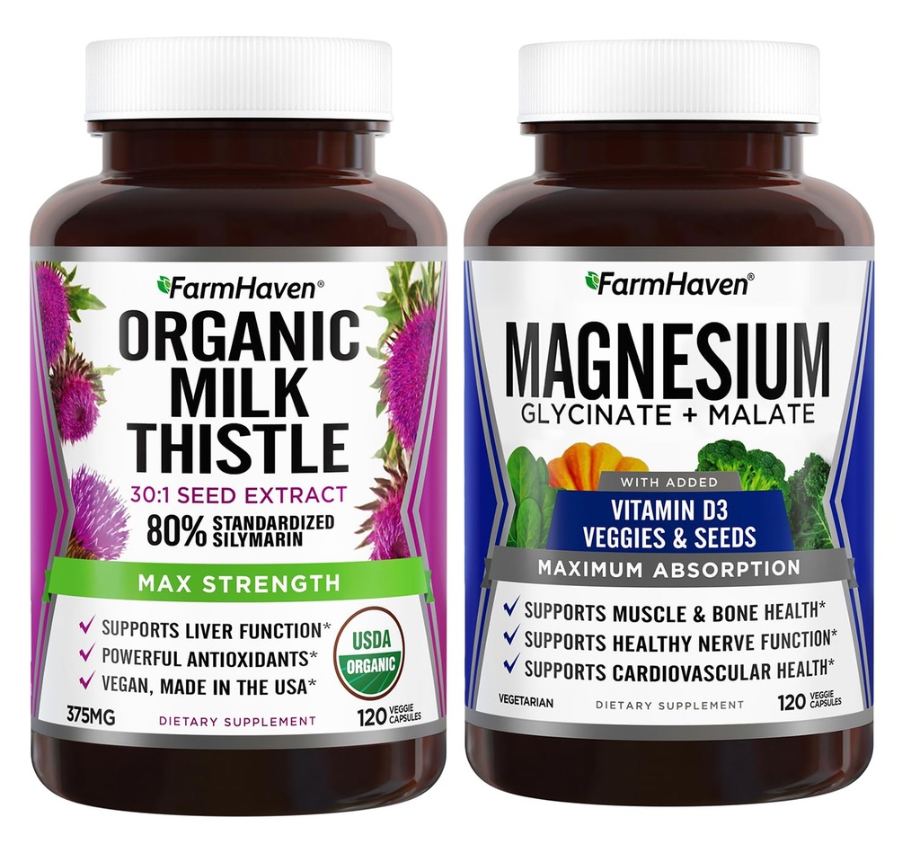FarmHaven Milk Thistle Capsule & Magneziu Glycinat & Malate Complex w/Vitamina D3