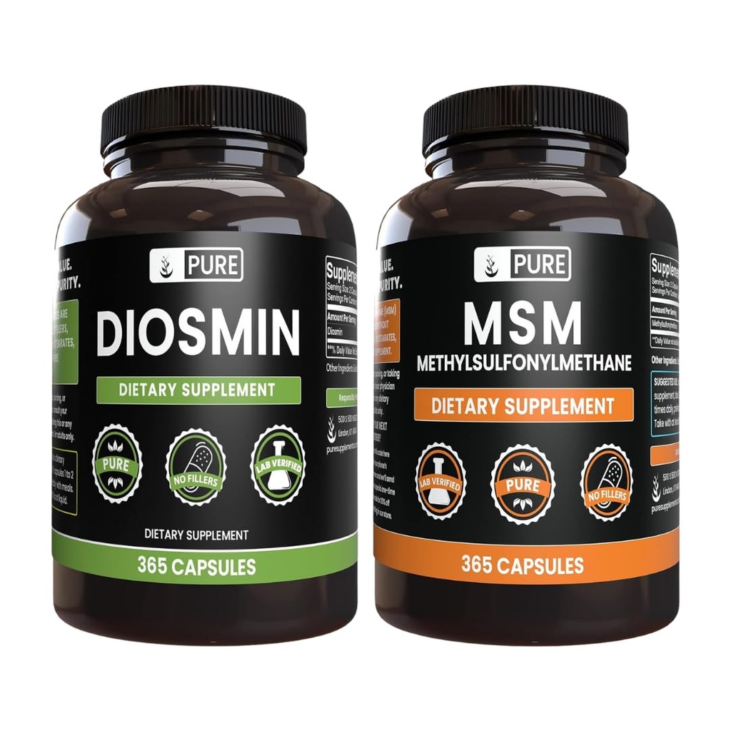 PURE INGREDIENTS Diosmin şi MSM Bundle, 365 capsule Fiecare, fără magneziu sau umplutură de orez, întotdeauna pură