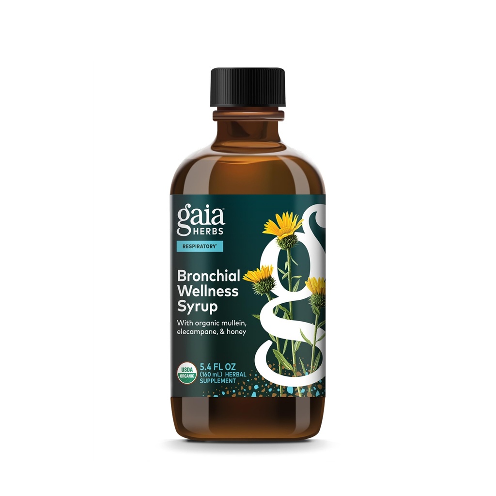 Gaia Herbs Bronhial Wellness Sirop - Supliment de sprijin imunitar pentru a ajuta la mentinerea sanatatii pulmonare si pentru a ajuta la asigurarea confortului pentru durerile de gat ocazionale - 5.4 Fl Oz (până la 32 de zile de aprovizionare)