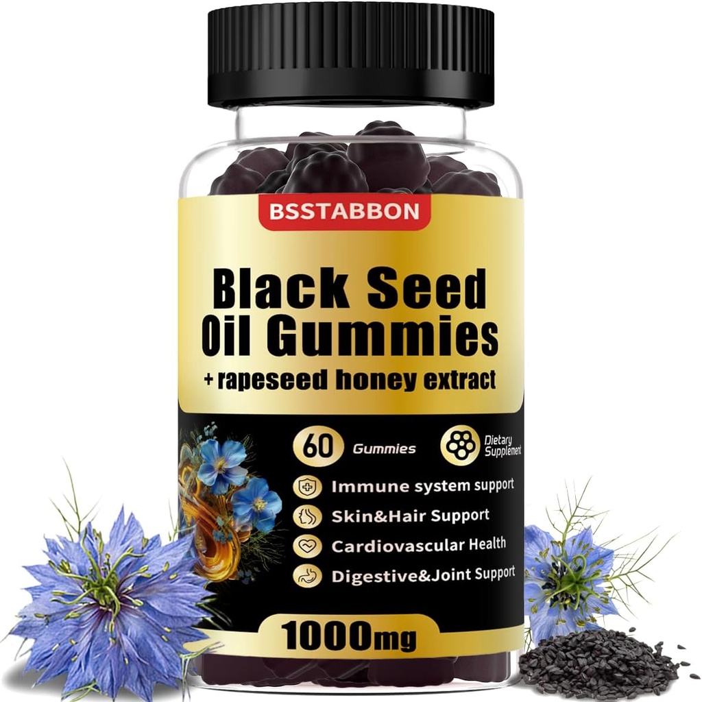 Gume de ulei de semințe negru cu 1000 mg ulei de semințe negru organic, 25mg extract de miere de rapiță, Vitamina B6,B12 și zinc pentru suport de sistem imunitar (60 Gummes) (60 Conte)