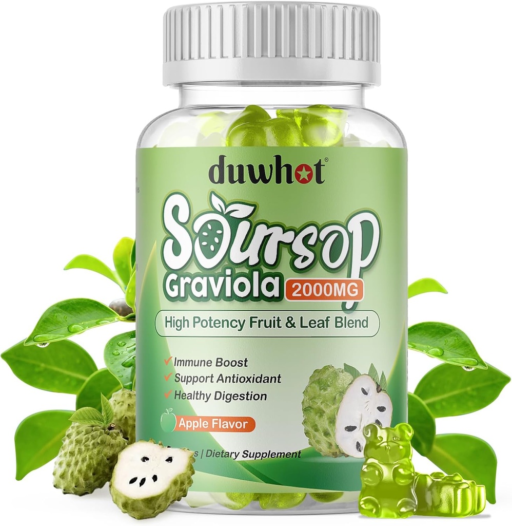 Soursop Gummies 2000MG, Soursop Leaf & Fruit Extract pentru adulţi, Soursop Fruits w/Vitamic C for Immune Support, Antioxidant and Digestive Aid, Vegan, 60 Counts