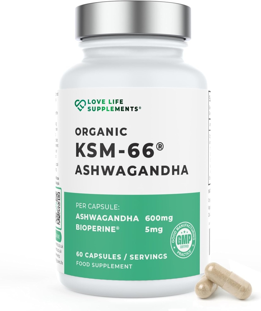 Dragoste Life Suplimente organice Ashwagandha KSM-66®, 2 luni de aprovizionare - 60 capsule, putere mare 600 mg pe capsulă, 5% cutanolide, Bioperine® pentru absorbţie crescută, Zero Fillers, Lab testat