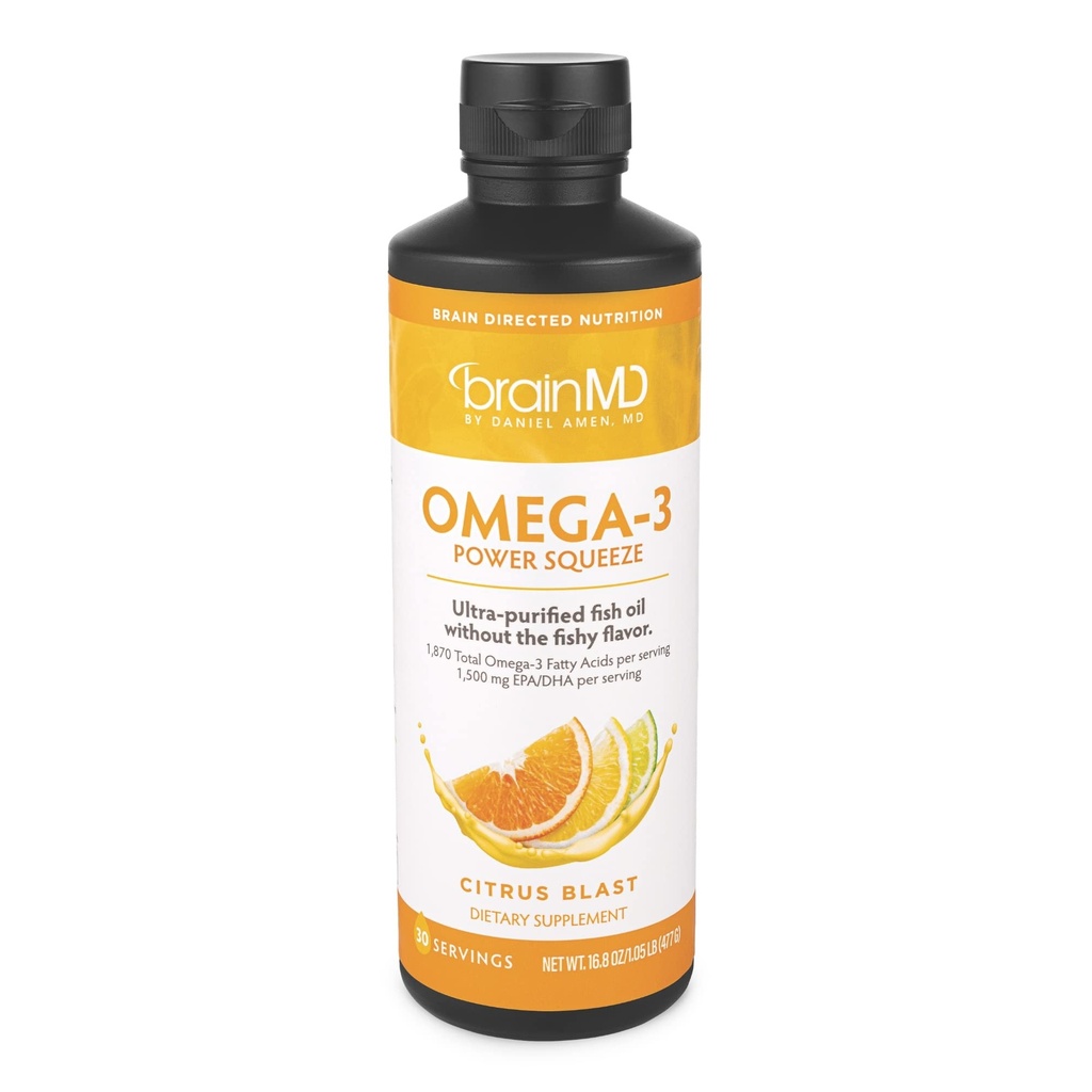 BrainMD Dr Amen Omega-3 Power Squeeze, Citrus Blast - 16,8 oz - Suporturi cardiovasculare, Brain & Immune System Health - Gluten Free - 30 Serviri