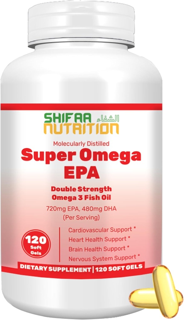 SHIFAA NUTRITION Halal Fish Oil Softgels 120 Ct, Dublu Putere - Halal Omega 3 Suplimente de ulei de pește. Prins, nepurificat GMO