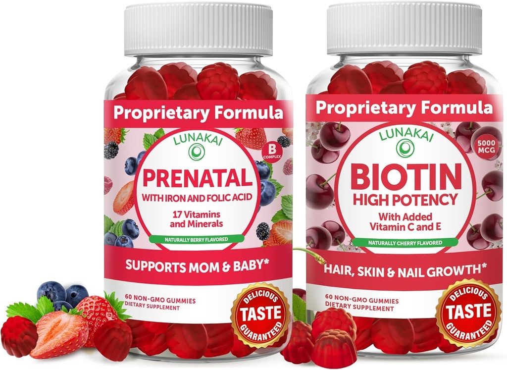Lunakai Biotin şi Bundle prenatal - parul Piele şi unghii de creştere Supliment cu vitamina C şi E - Sarcina Multivitamine Gummy cu fier şi acid folic - 30 zile de aprovizionare