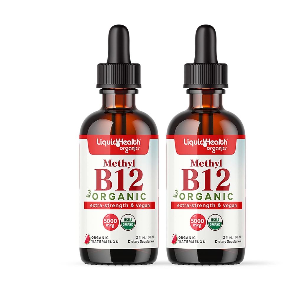 LIQUIDHEALTH USDA Organic Methyl Vitamina B12 Metilcobalamină Picături lichide cu Tart Cherry Juice - Boost Energy, Immune Support, Imbunatatirea Memoriei & Concentration - Statele Unite ale Americii Made, Vegan, Non-GMO (2 Pack)