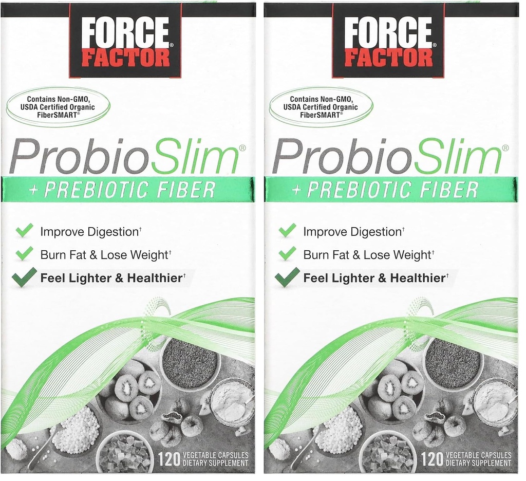 Force Factor ProbioSlim + Prebiotic Fibră pierdere în greutate Supliment pentru femei și bărbați, Probiotic și Prebiotic Digestive de asistență medicală cu extract de ceai verde și Psyllium Husk Fiber, 120 capsule
