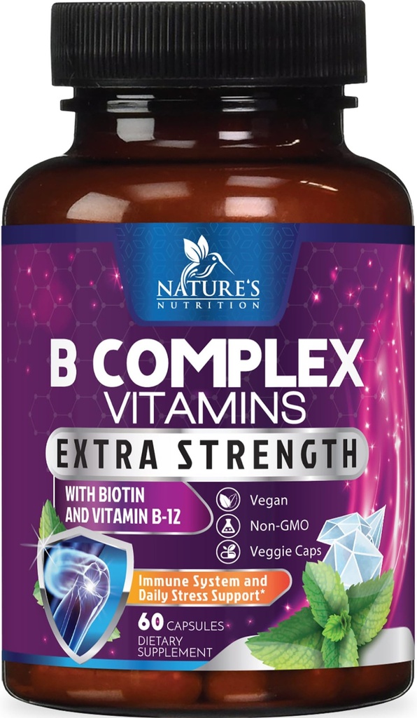 B Capsulele complexe de vitamine - cu vitamina B12 B6 B100 C Folat de biotină şi acid folic - Supliment pentru inimă, creier şi suport nervos - Super Complex B complet pentru suport imunitar şi energetic - 60 capsule