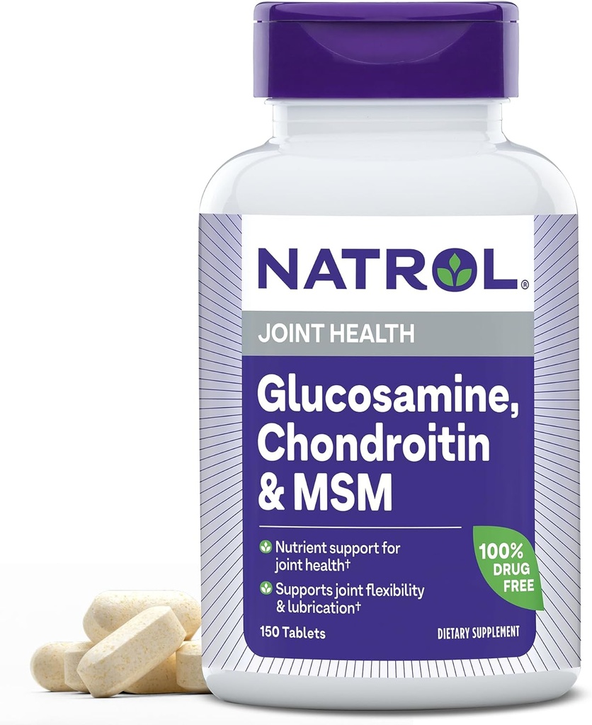 Natrol Glucosamină, Chondroitin și MSM, Supliment alimentar, Suplimentul comun de sănătate pentru adulți, 150 comprimate, până la 50 zile de aprovizionare