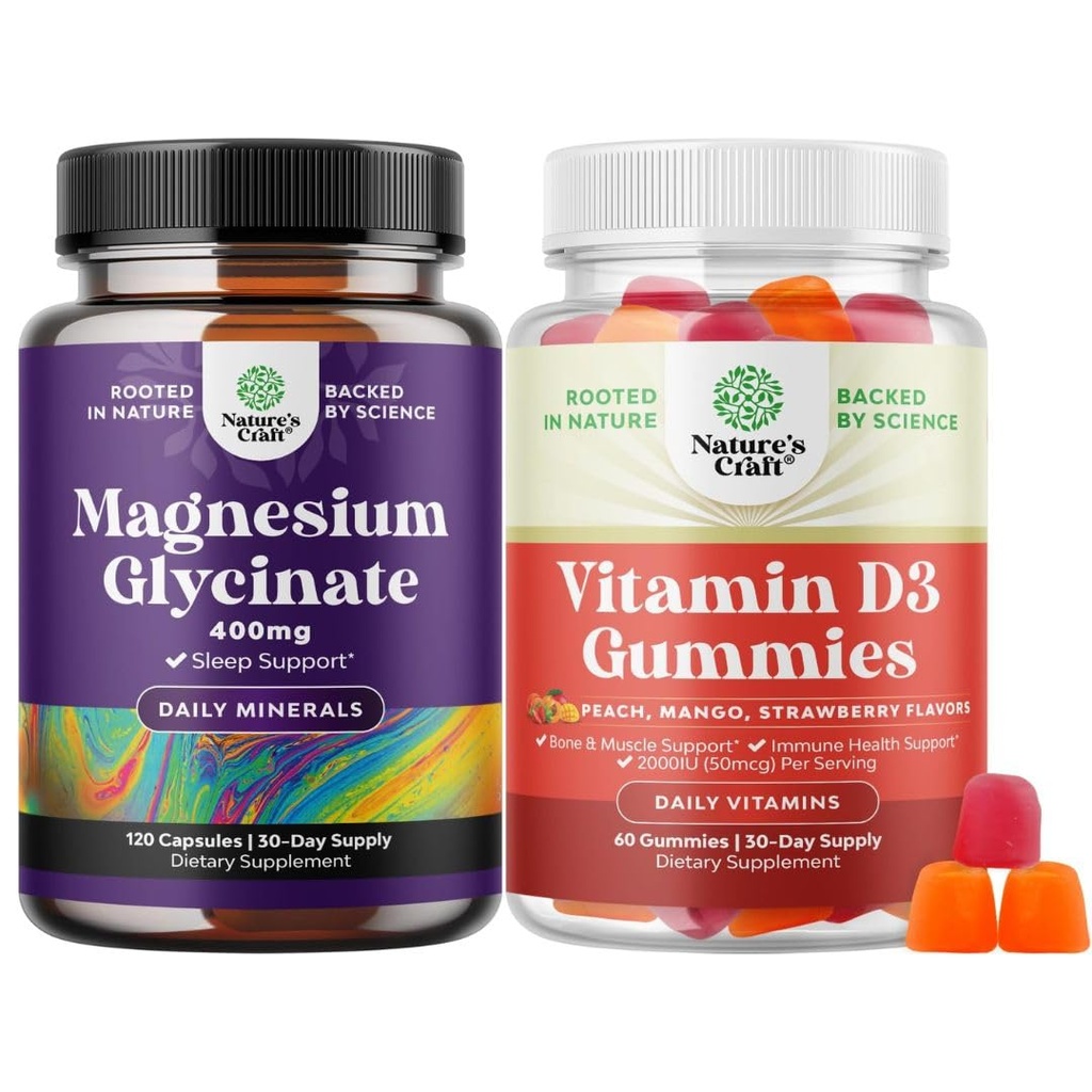 Bundle de pur magneziu Glicinat 400 mg per servire pentru somn de spirit și relaxare și vitamina D3 Gume pentru wellness de zi cu zi sau musculare osoase și suport imunitar