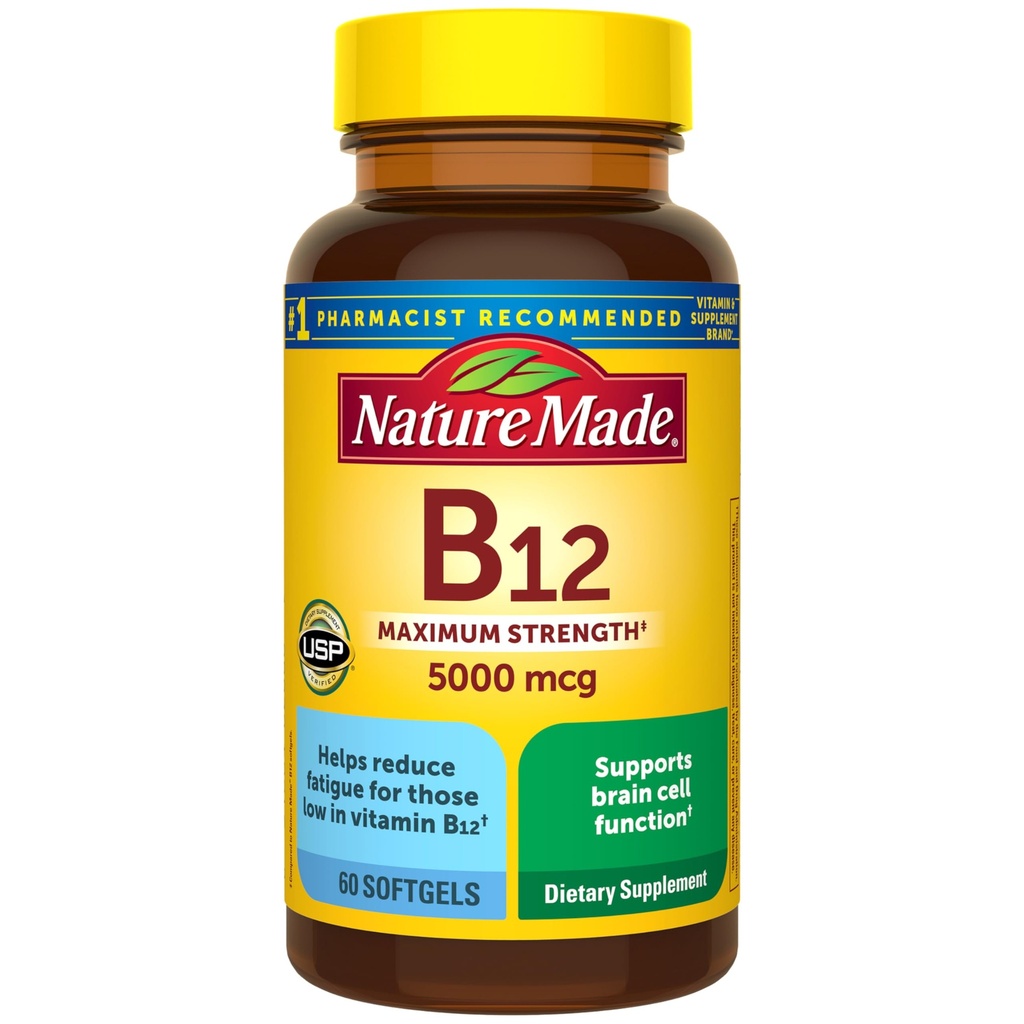 Natura făcut puterea maximă vitamina B12 5000 mcg, Supliment alimentar pentru suport metabolic energie, 60 Softgels, 60 de zile de aprovizionare
