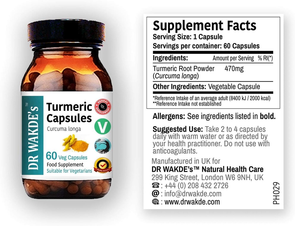 Capsulele Turmerice ale DR WAKDE (Curcuma Longa, 60 Veg Caps, Supliment pe bază de plante, Herb Ayurvedic, Toate naturale, Vegan)