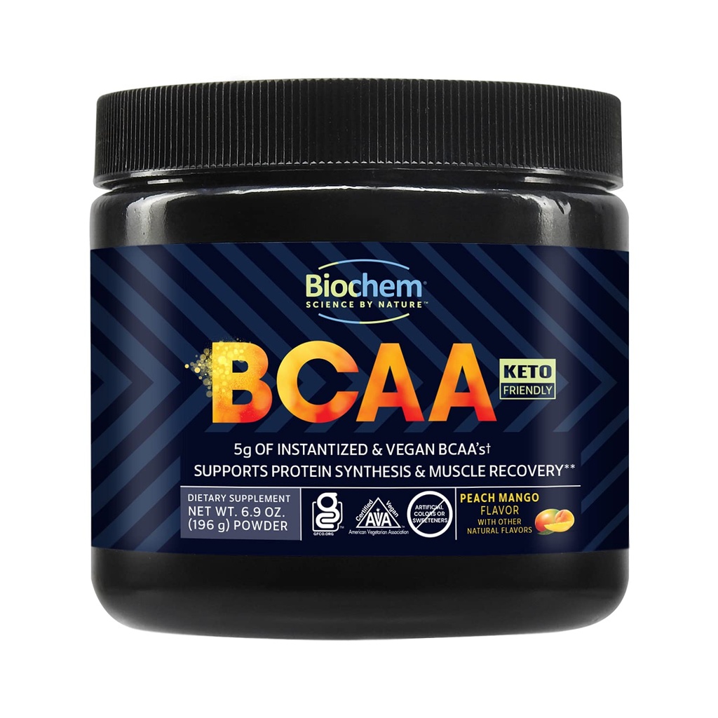 Biochem BCAA Powder Peach Mango 5g  Supliment pentru recuperarea musculara, Sinteza de proteine si hidratare 