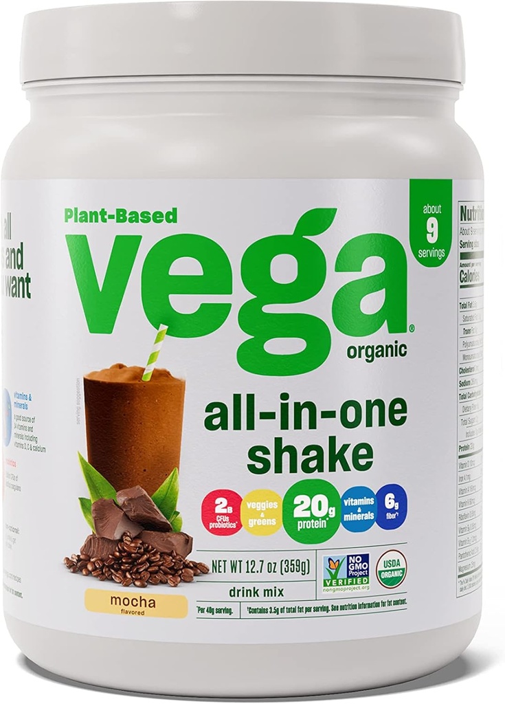 Vega Organic All-in-One Vegan Proteine Powder Mocha (9 serviri) Superfood Ingrediente, Vitamine pentru Suport Imunitate, Keto Friendly, Pea Proteina pentru Femei & Men, 12,7oz (Packaging May Vary)