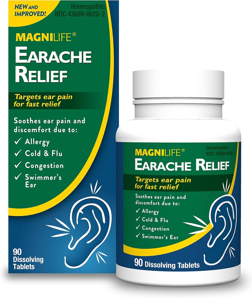 MagniLife Earache Relief, Rapid-Acționare ajutor natural pentru înot ureche, durere și disconfort de alergii, rece și gripă - 90 comprimate rapid dizolvare