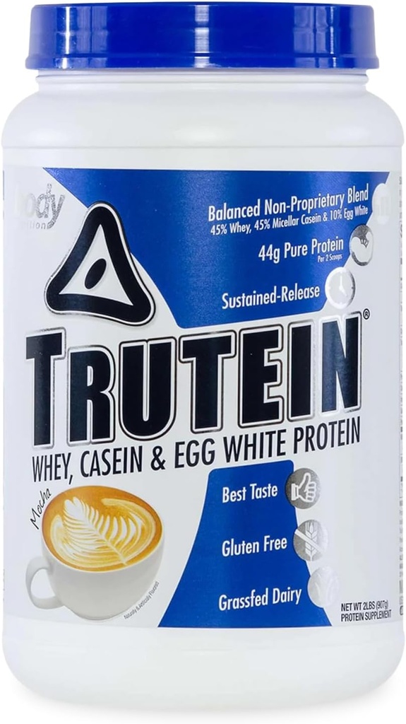 Nutriție corp Trutein Pulbere de proteine ridicate: 45% Whey, 45% Cazeină, 10% Ou Alb, Gluten-Free, Sodiu scăzut, Grass Fed Whey Proteine pulbere, Gym Supliment & Breakfast Shake, Mocha, 2lb