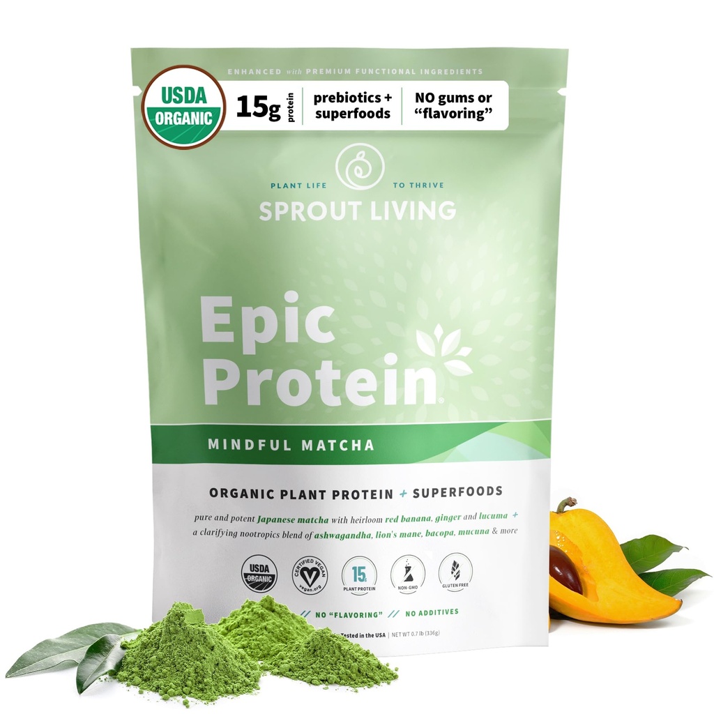 Sprout Living Epic Proteina, Pe bază de plante Proteina & Superalimente Pulbere, Mintful Matcha 