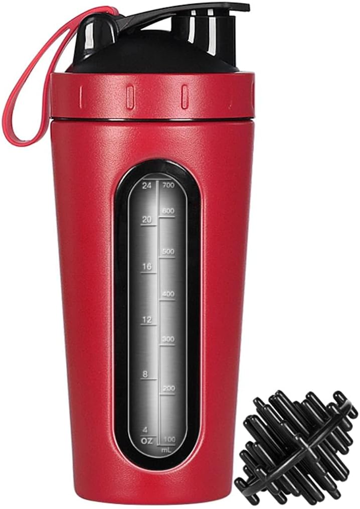 Sticla Shaker Proteine, Otel inoxidabil Shaker Cup, Sports Mixer Sticla de apa, Vizible Window, Leak Proof, Nu BPA cu Mingea de amestecare pentru Gym Fitness Workout, 28 Ounce, Red