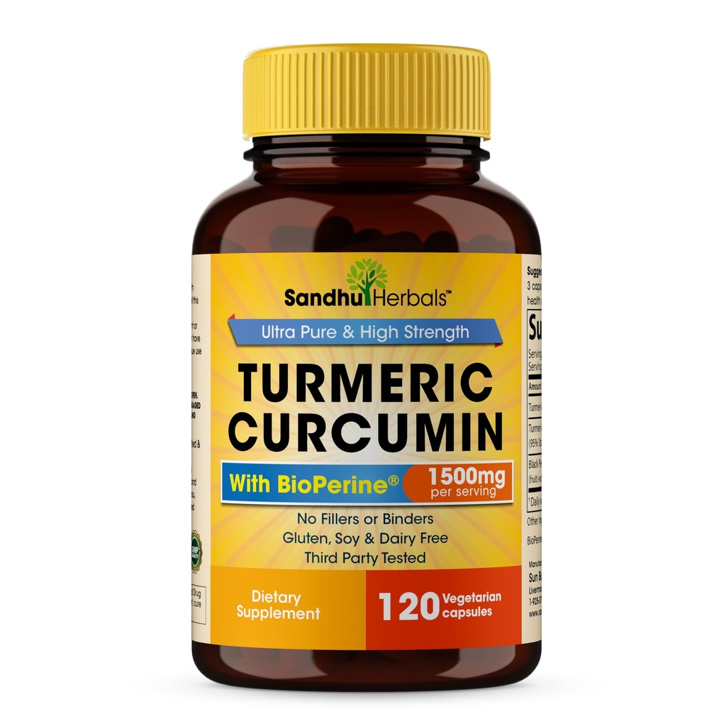 Sandhu Herbals Organic Curcumin Turmeric 120 Capsule cu Bioperine Black Pepper Extract Supliment 
