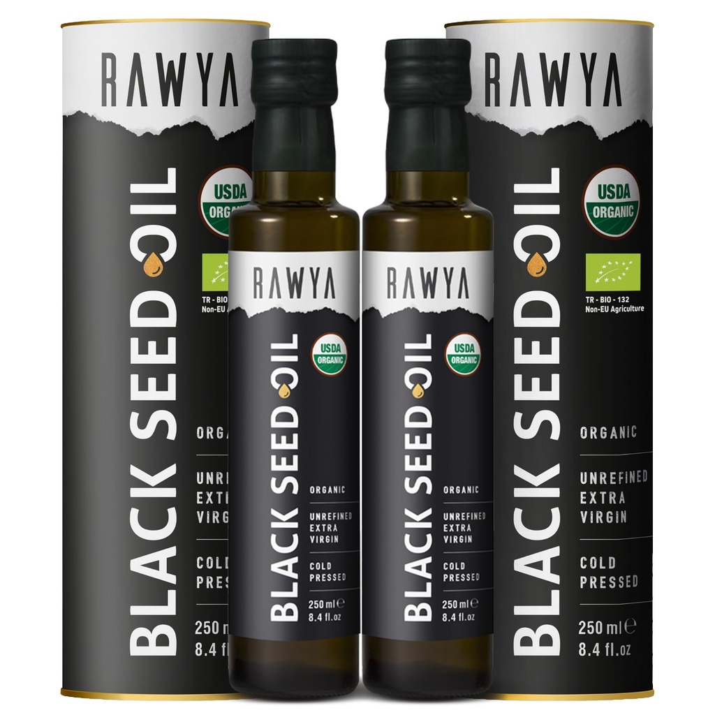 RAWYA Black Seed Oil - Organic Cold presat Nigella Sativa - Origine turcă - USDA Organic - Supliment natural - Ulei de semințe de chimen negru - Rich Flavor & High Concentration - 250ml sticlă - 2 ambalaj